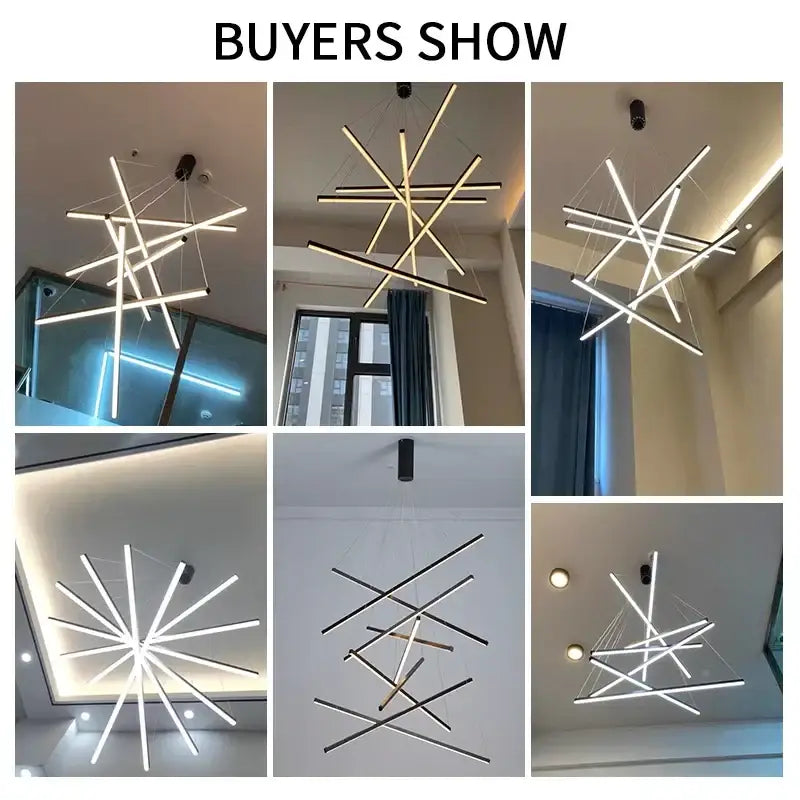 Modern geometric decorbites aluminum bar led chandelier with intersecting white black and gold rod arms for indoor use