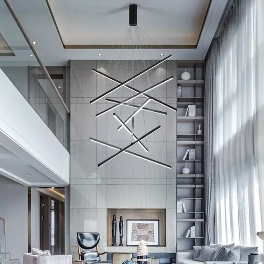 Modern black and white aluminum bar led chandelier with intersecting geometric bars for indoor stair hall lighting