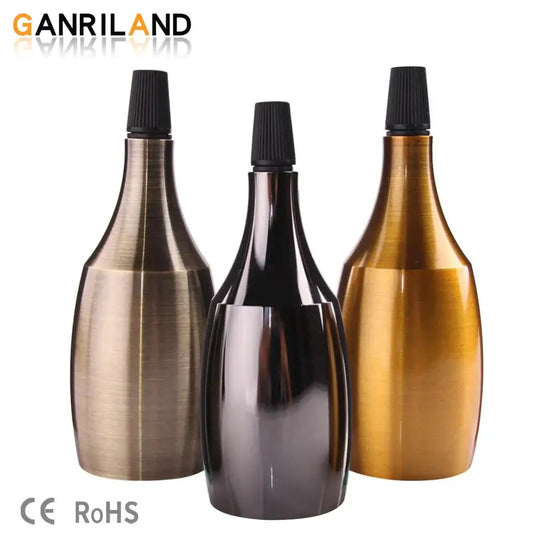 Three metallic lamp shades in brushed bronze, glossy black, and gold with ribbed black caps for decorbites aluminum base e27 lamp holder