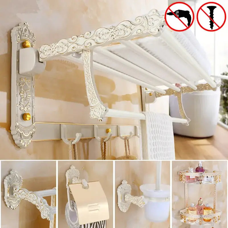 Decorbites™ white aluminum bath hardware set with gold accents and decorative scrollwork for bathroom organization