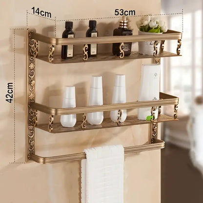 DecorBites aluminum antique finish two-tier bathroom corner shelf with ornate scrollwork and towel rack 40cm length