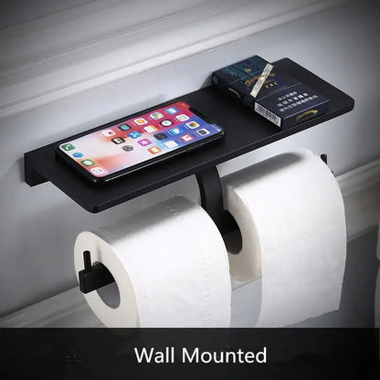 DecorBites™ black aluminum bathroom paper holder wall-mounted with shelf for phone and small items