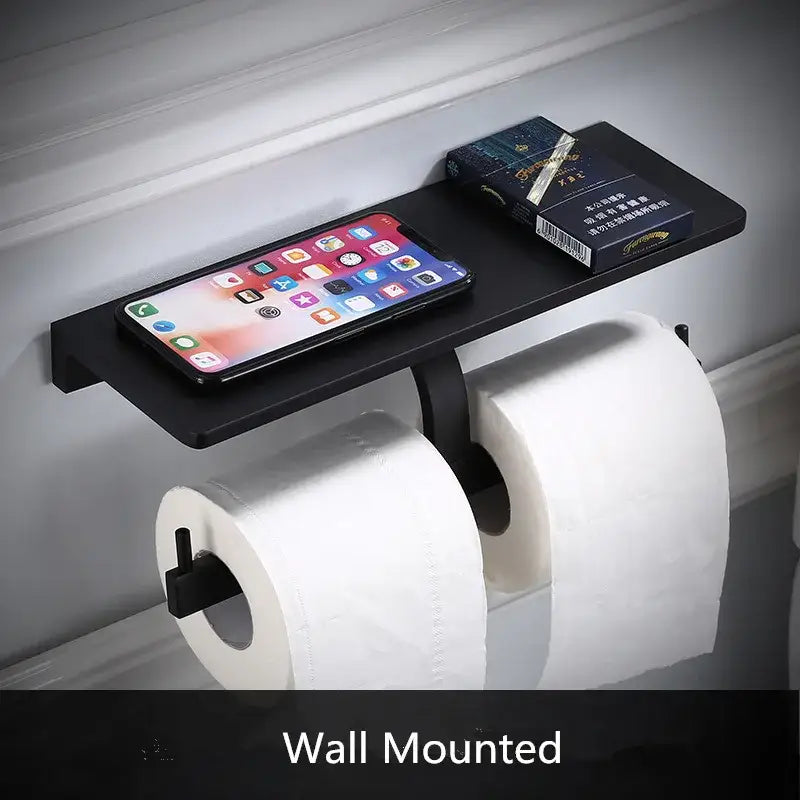 Black decorbites™ aluminum bathroom paper holder with shelf for phone and items wall mounted bathroom paper holder
