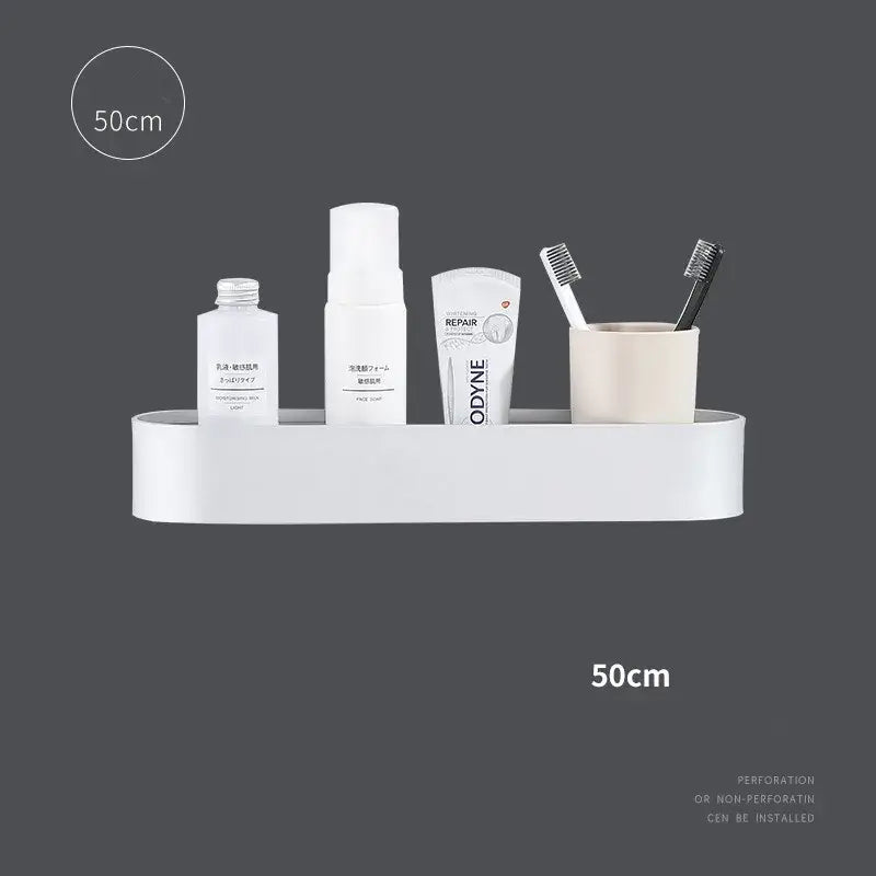 White rectangular aluminum bathroom shelf with towel bar featuring a smooth minimalist design and rounded edges