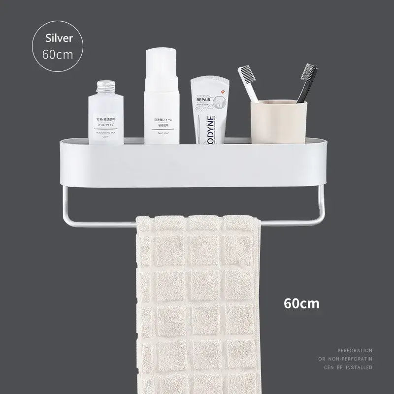 Silver 60cm aluminum bathroom shelf with integrated towel bar by decorbites featuring modern design and matte finish
