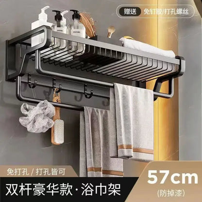 Black metal double-bar aluminum bathroom towel holder with wire mesh storage basket and hooks by DecorBites