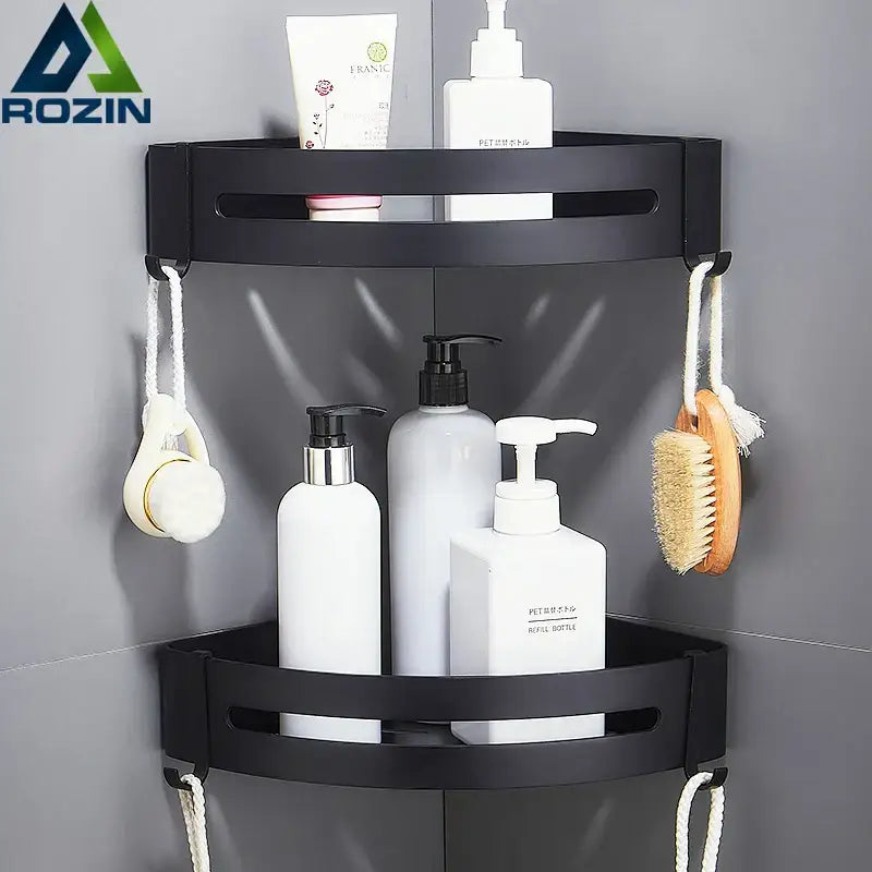 Black metal two-tier corner basket with rope-hung accessories aluminum black corner caddy for bathroom and kitchen storage