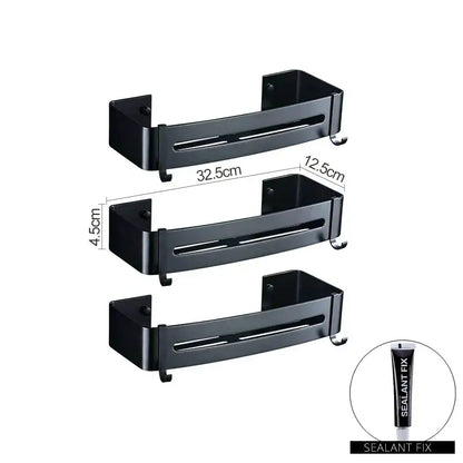 Set of three black metal wall-mounted aluminum black corner basket spice racks with integrated hooks for kitchen storage
