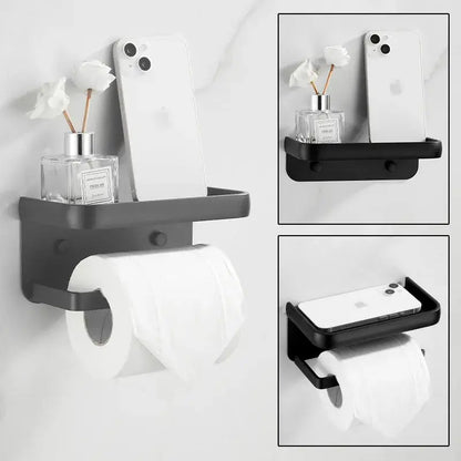 Decorbites aluminum black tissue holder with phone shelf and wall-mounted toilet paper rack in matte finish