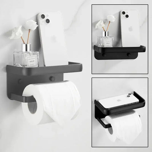 Decorbites aluminum black tissue holder with phone shelf and wall-mounted toilet paper rack in matte finish