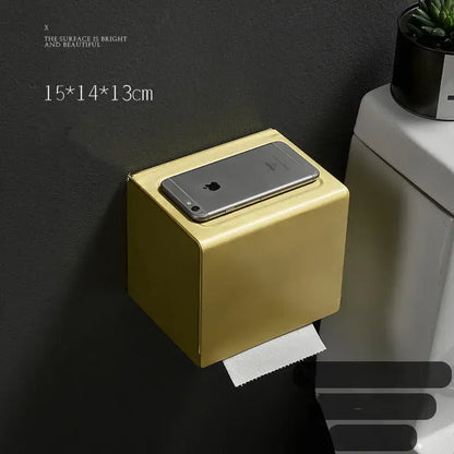 DecorBites™ gold aluminum tissue box and toilet paper holder with sleek minimalist design and rounded edges for bathroom use