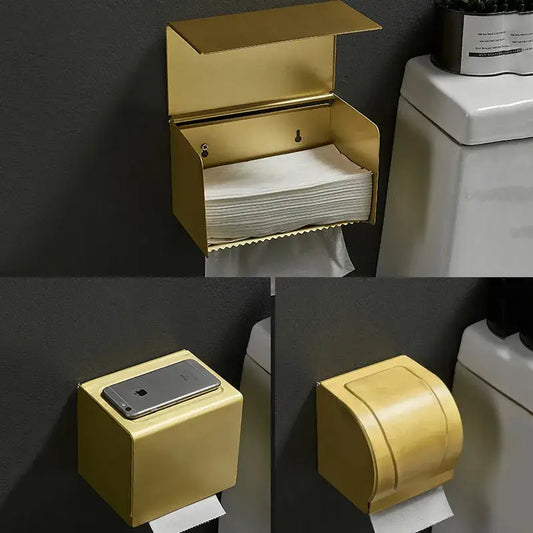 Decorbites aluminum brushed gold wall-mounted toilet paper holder with sleek rectangular design for bathroom storage