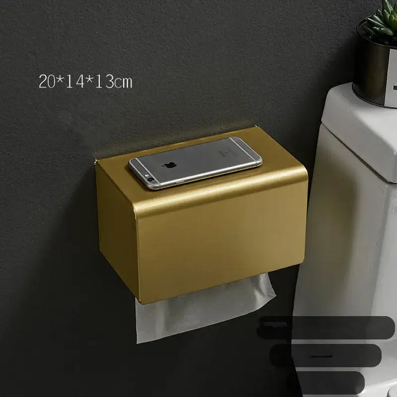 Decorbites aluminum brushed gold rectangular wall-mounted toilet paper holder with sleek metallic finish for bathroom storage
