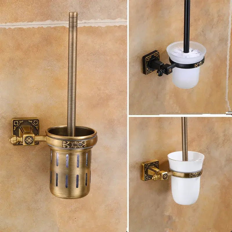 Antique brass toilet brush holder with ornate detailing and white ceramic cup from decorbites aluminum carved brush holder set