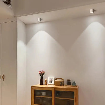 Two white aluminum ceiling lamps with adjustable beam angle illuminate the wall above a wooden cabinet