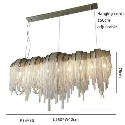 DecorBites aluminum chain pendant lights with modern rectangular chandelier and cascading clear glass fringe for dining table