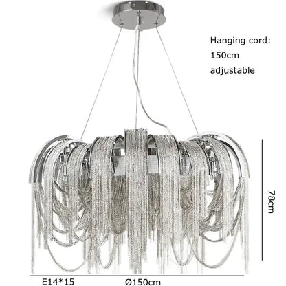 Silver metallic aluminum chain pendant light with cascading strands and circular chrome ceiling mount for dining table