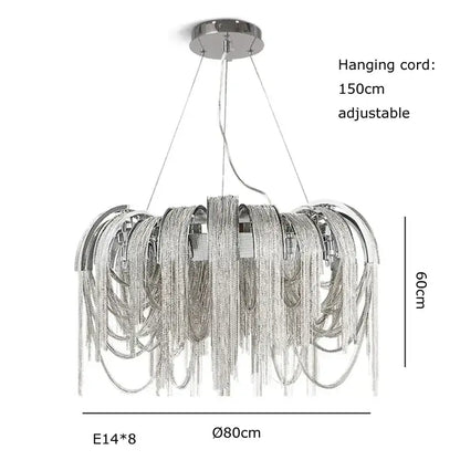 Silver decorbites aluminum chain pendant lights with cascading strands and circular chrome ceiling mount for dining table