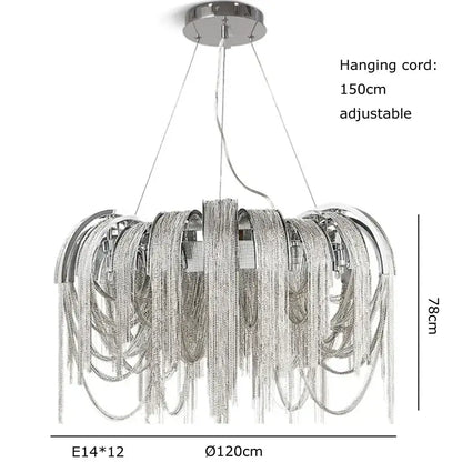 Silver metallic aluminum chain pendant light with cascading strands and circular ceiling mount for dining table lighting