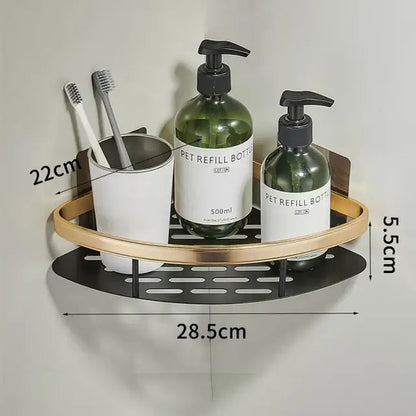 Black and gold perforated aluminum corner bathroom shelf with towel holder from decorbites™ for bathroom organization