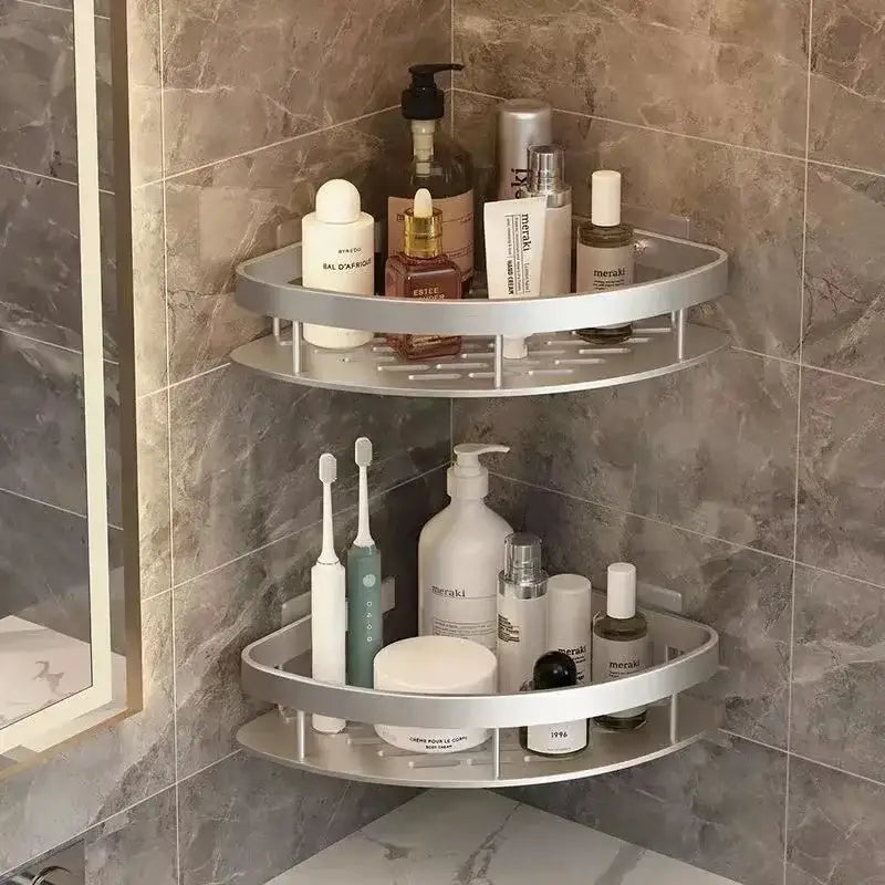 Silver two-tier aluminum corner shelf organizer with sleek modern design for bathroom and kitchen storage by decorbites