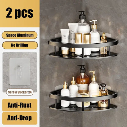 DecorBites™ black aluminum corner shelf organizer with two tiers and anti-rust, anti-drop design for bathroom and kitchen