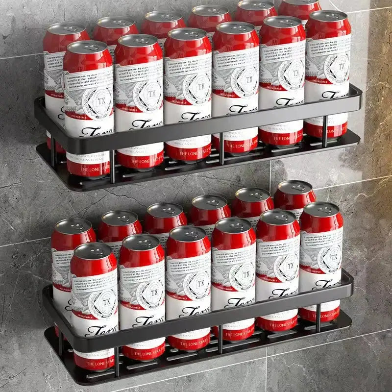 Black metal two-tiered wall-mounted aluminum corner shelf organizer holding red and white beer cans