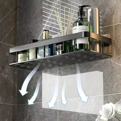 Modern matte black aluminum corner shelf organizer with sleek double-tiered design and perforated lower shelf for bathroom or kitchen storage
