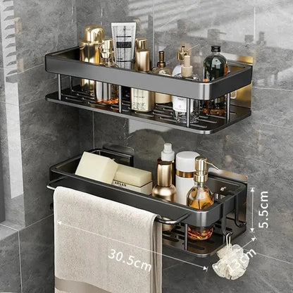 Black double-tiered aluminum corner shelf with towel rack wall mount for bathroom storage by DecorBites