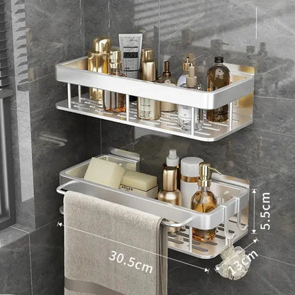 Decorbites™ aluminum corner shelf silver double-tier bathroom shelf with towel rack holding toiletries and soap