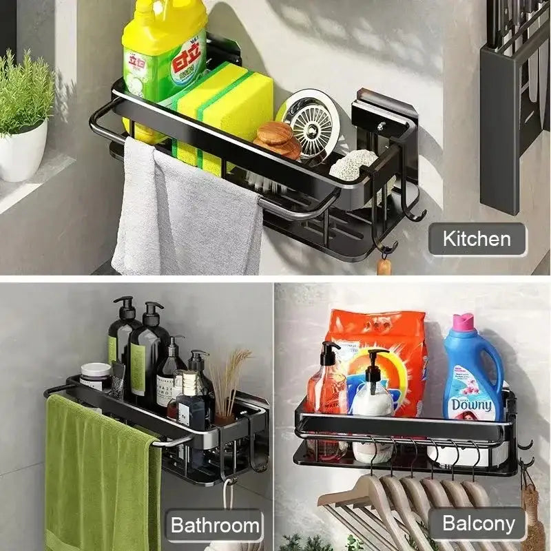 Black aluminum corner shower storage rack with multiple compartments and hooks for versatile bathroom use by decorbites