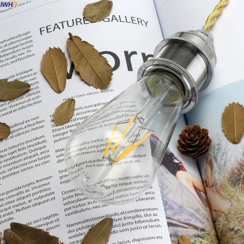 Clear glass edison bulb with visible filament and gold cord connected to decorbites™ aluminum e27 lamp base holder