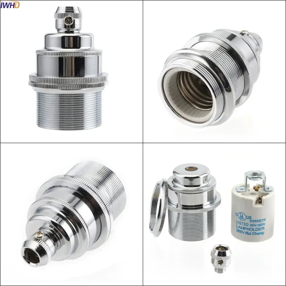 Chrome-finished aluminum lamp base holder with threaded design and screw-on cap for vintage Edison bulbs