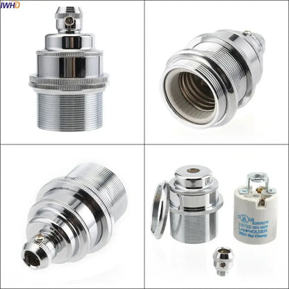 Chrome-finished aluminum lamp base holder with threaded design and screw-on cap for vintage Edison bulbs