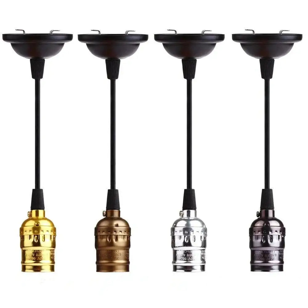 Four DecorBites™ aluminum lamp holder pendant lights with black cords in gold bronze silver and dark chrome finishes
