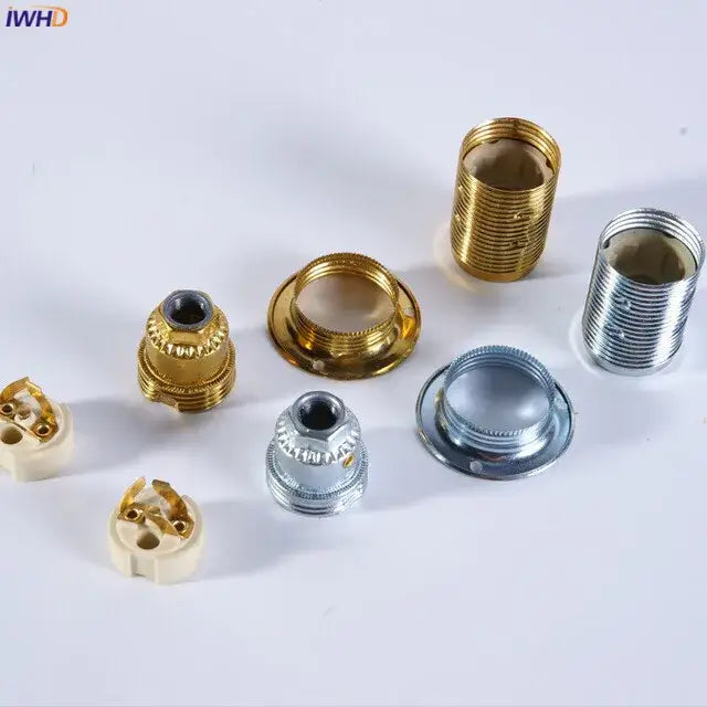 DecorBites aluminum e27 lamp holder with gold and silver metallic lamp base featuring threaded exterior and ridged edges