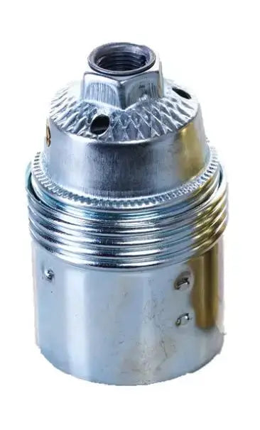 Silver-colored aluminum e27 lamp holder with threaded top and ribbed cylindrical body vintage retro lamp base