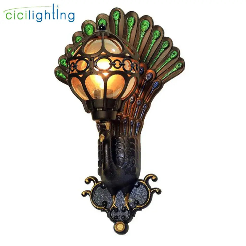 Decorbites™ aluminum globe glass wall lamp with peacock-themed black metal frame and green blue stained glass feathers
