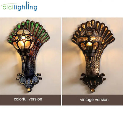 Peacock-themed aluminum globe glass wall lamp with ornate fan-like tail feathers and central light fixture for stairway use