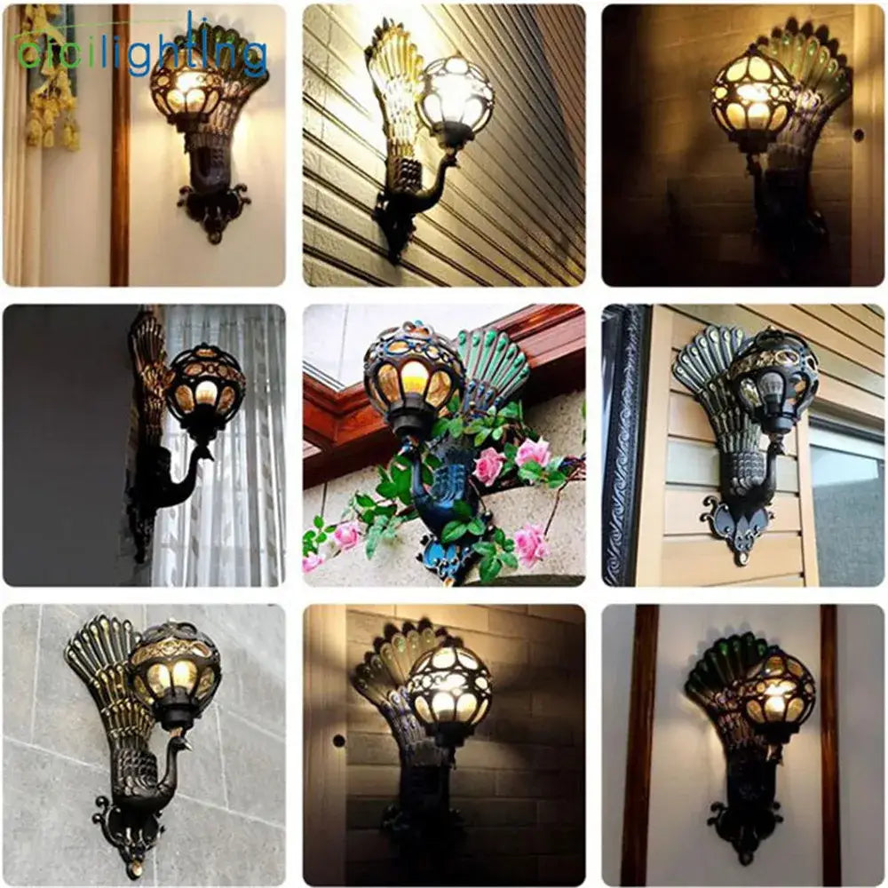 Black wrought iron peacock-themed wall lamp with aluminum globe glass lantern for vintage home stairway decor