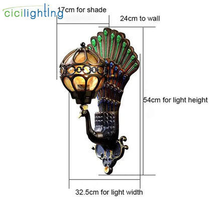 Antique bronze and green peacock-themed decorbites aluminum globe glass wall lamp with ornate globe glass shade for stairway