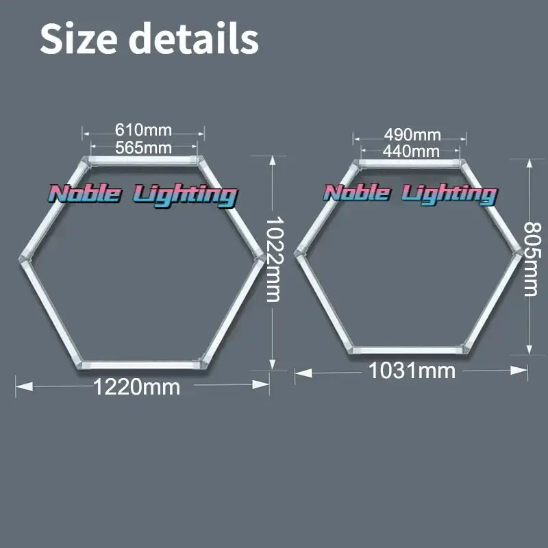 Two noble lighting aluminum housing hexagon led light bars in silver with 1220mm and 1031mm widths in honeycomb design