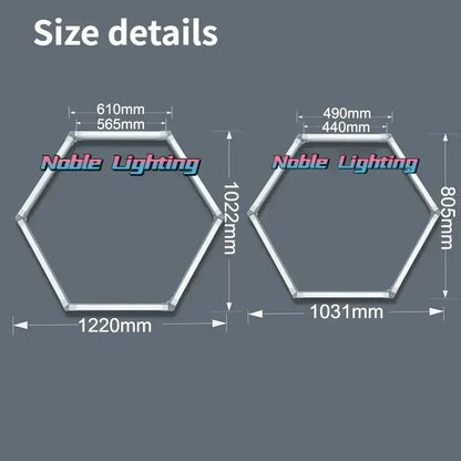 Two noble lighting aluminum housing hexagon led light bars in silver with 1220mm and 1031mm widths in honeycomb design