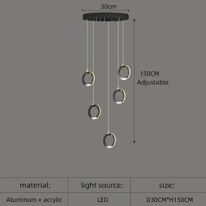 Modern minimalist aluminum led chandelier with black ceiling mount and four silver acrylic rings for luxury staircase lighting