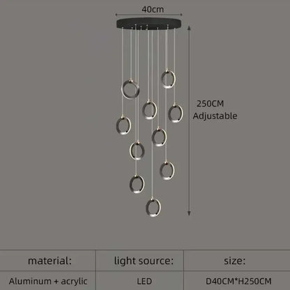 Modern black circular aluminum led chandelier with seven silver rings and acrylic accents for luxury staircase lighting