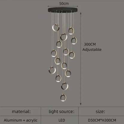Modern black aluminum led chandelier with circular design and hanging silver rings for staircase and attic lighting