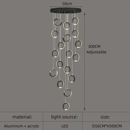 Modern black aluminum led chandelier with silver rings and adjustable height for staircase and attic lighting