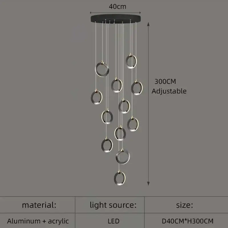 Modern minimalist DecorBites aluminum led chandelier with black ceiling mount and silver aluminum rings for staircase lighting
