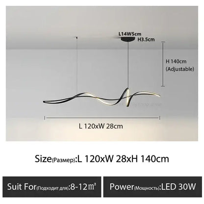 DecorBites™ aluminum led chandelier in black and silver wave shape with adjustable height for modern indoor lighting