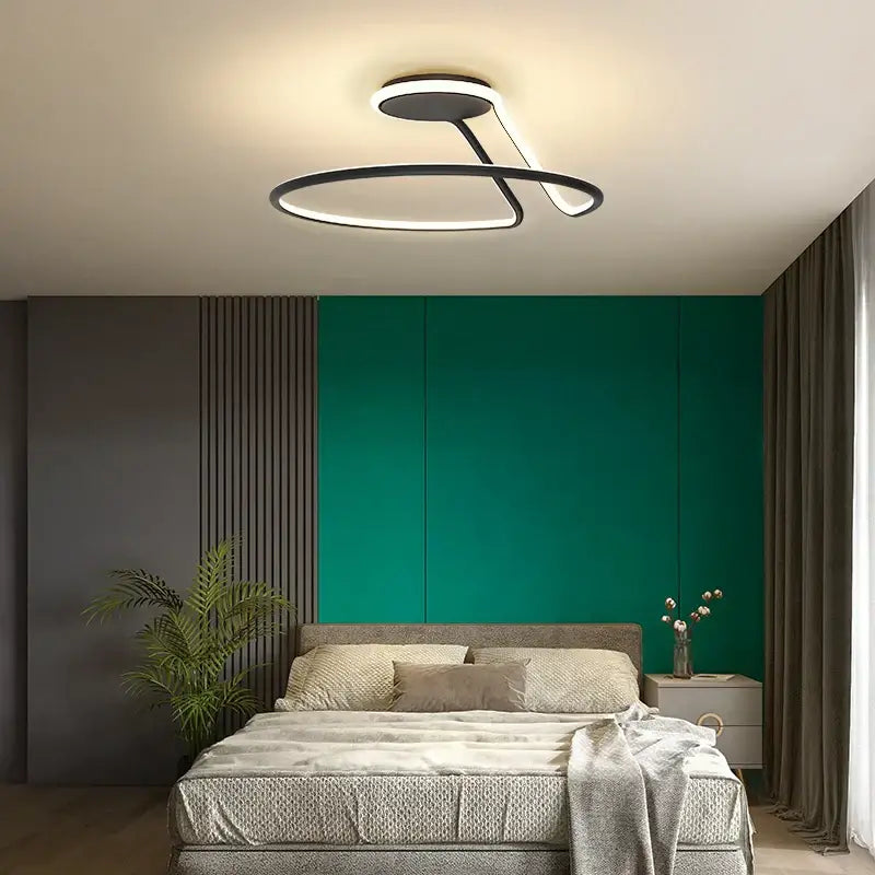 Modern black and white aluminum led chandelier with two interlocking rings for minimalist bedroom and kitchen lighting